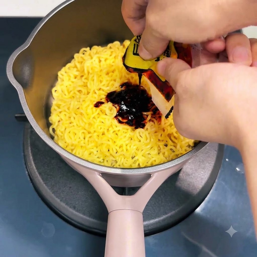 Fideos siendo mezclados con una salsa roja oscura dentro de una olla.