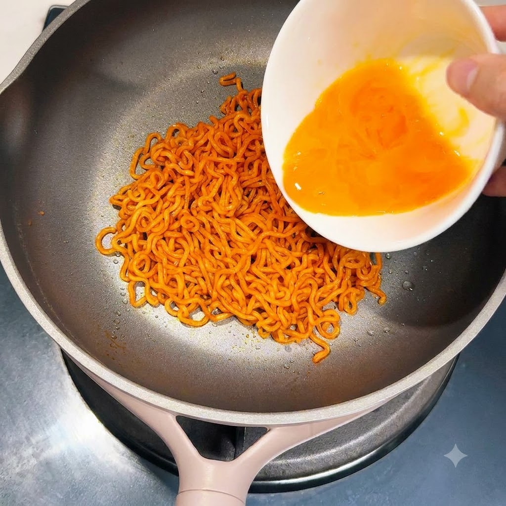 Líquido de huevo batido de color naranja siendo vertido desde un bol sobre los fideos en una sartén.