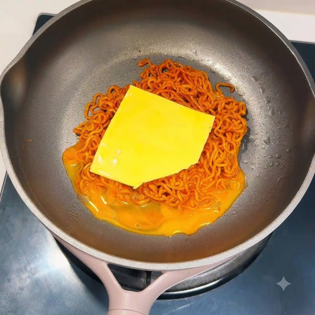 Una rebanada de queso amarillo sobre fideos cocidos en una sartén.