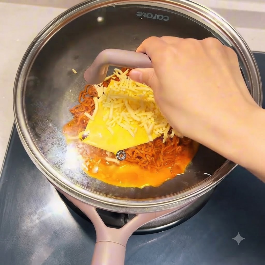 Una sartén tapada humeando en la estufa para derretir el queso.
