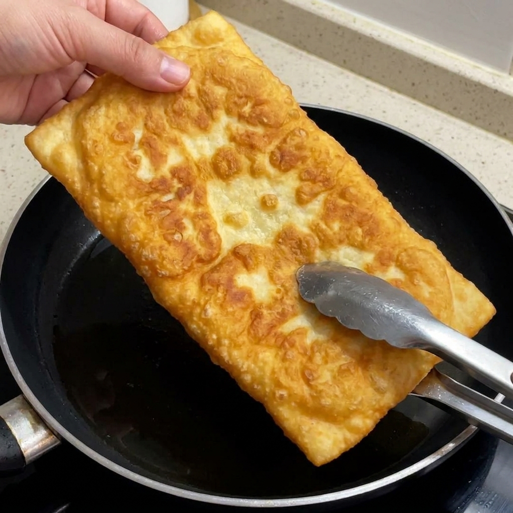 Un pan ciabatta dorado y tostado siendo cortado con unas tijeras de cocina.