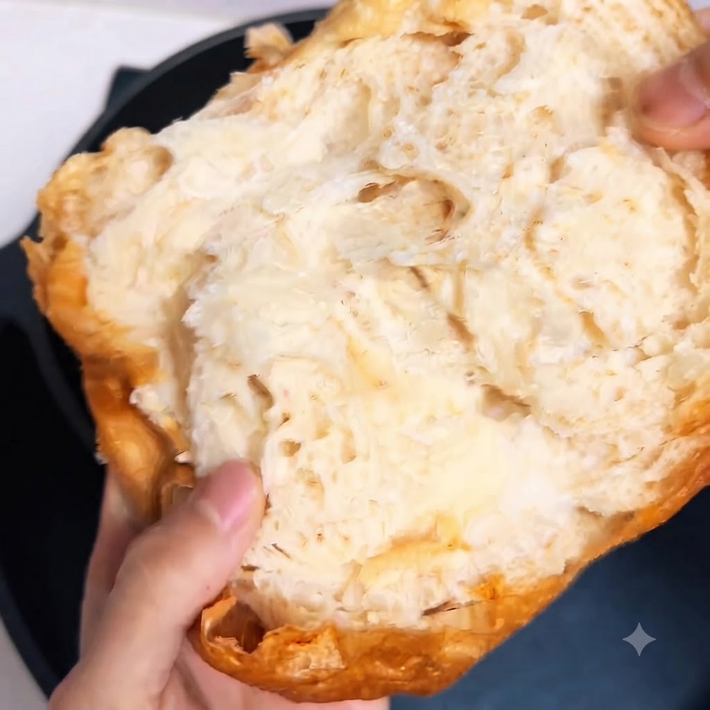 Hojas de lechuga verde y crujiente siendo colocadas en el interior de un pan ciabatta cortado sobre un plato blanco.