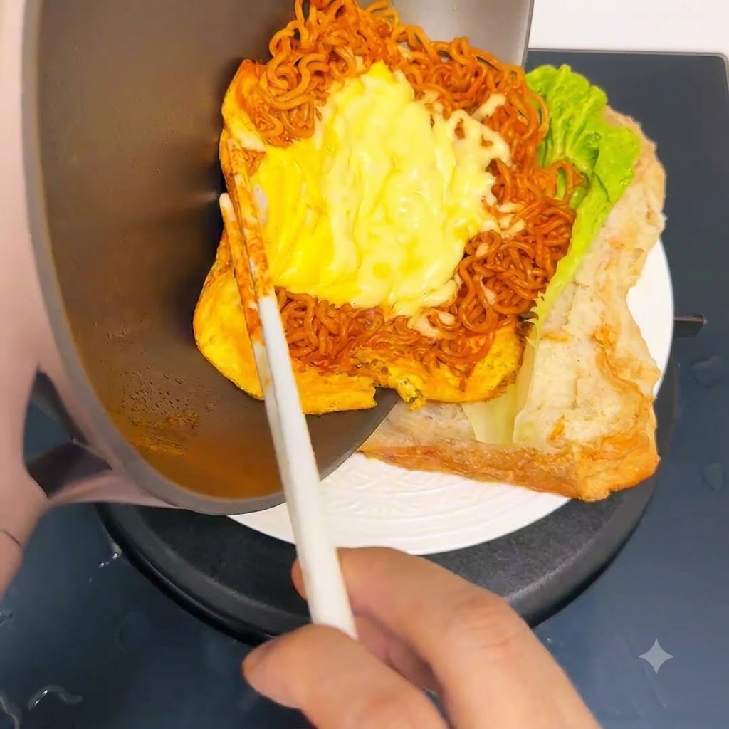 Fideos con queso y huevo siendo deslizados desde una sartén hacia un sándwich de ciabatta.