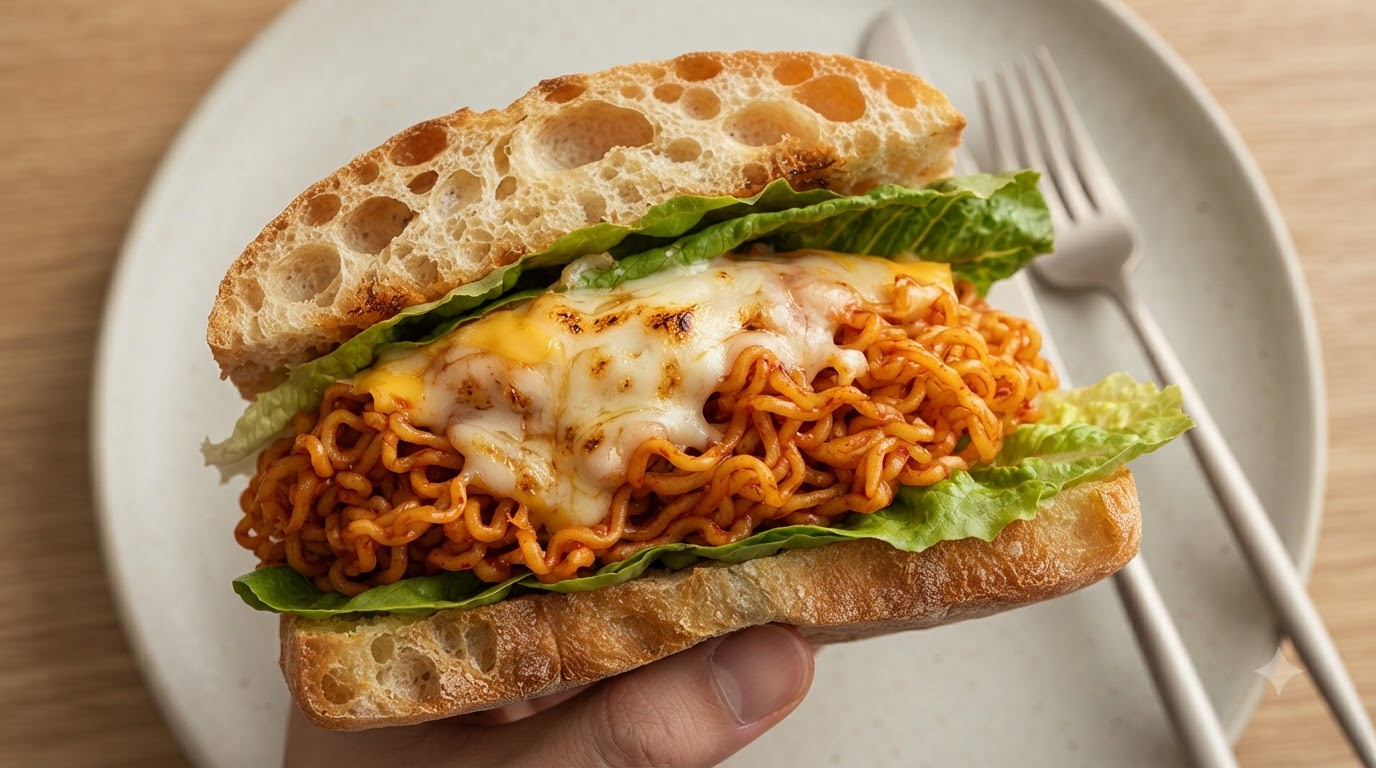 Ciabatta Rellena de Fideos Picantes Buldak y Queso