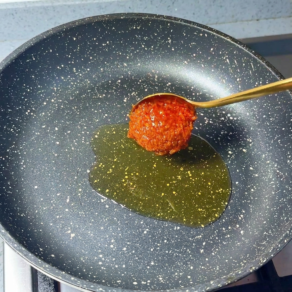 Cuchara con chile en polvo y ajo picado sobre una sartén con aceite de sésamo.