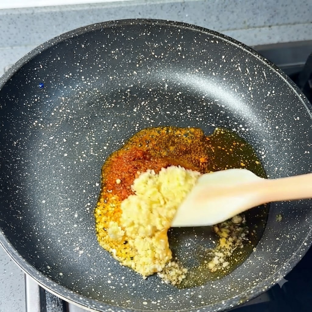 Ajo picado y chile en polvo mezclándose con aceite de sésamo en una sartén.