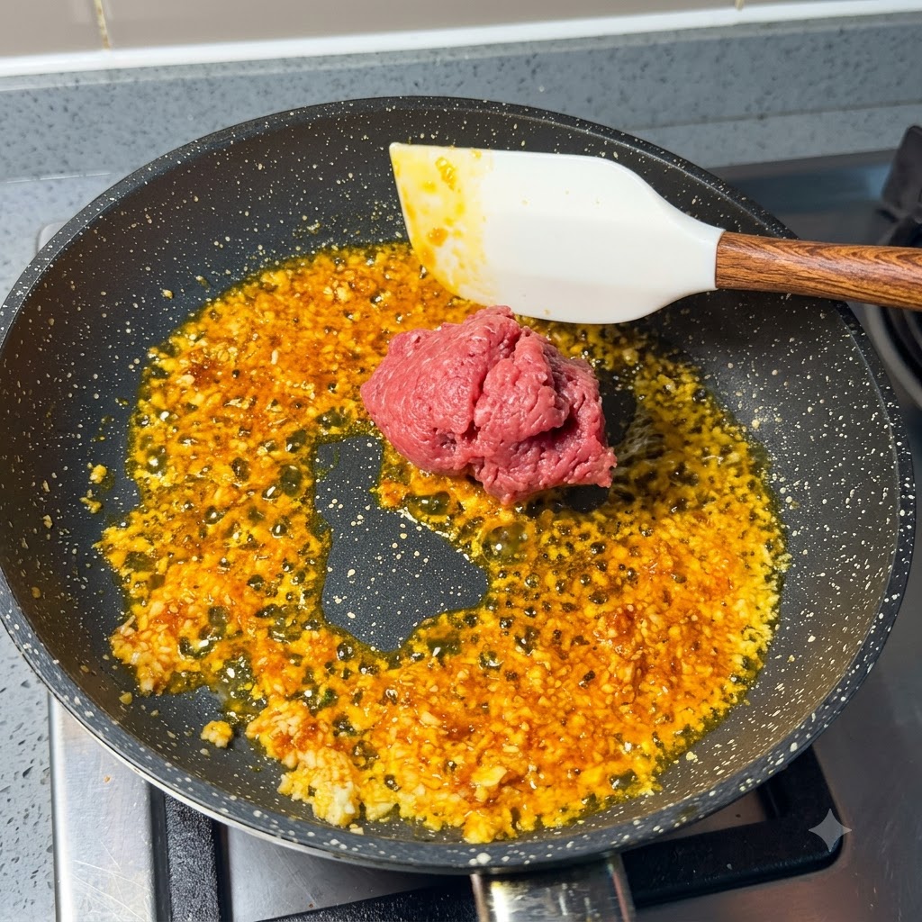 Carne de cerdo picada cruda colocándose en la sartén con el ajo y el aceite picante.