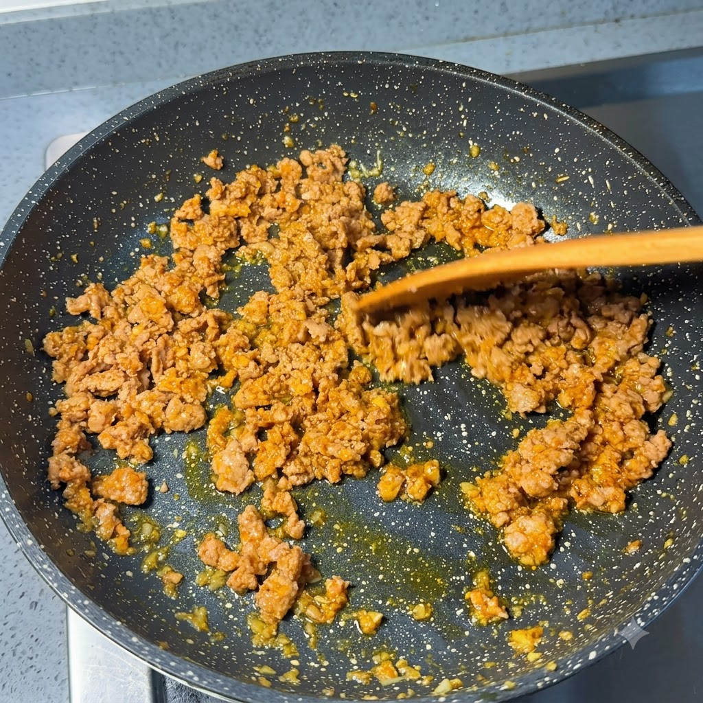 Carne de cerdo picada cocinándose y dorándose en la sartén.