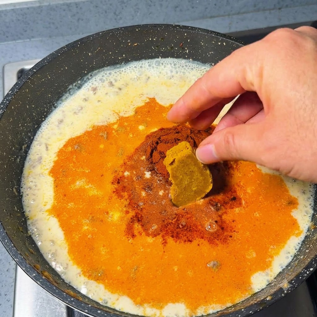 Mano colocando cubos de curry sobre el líquido a fuego lento en la sartén.