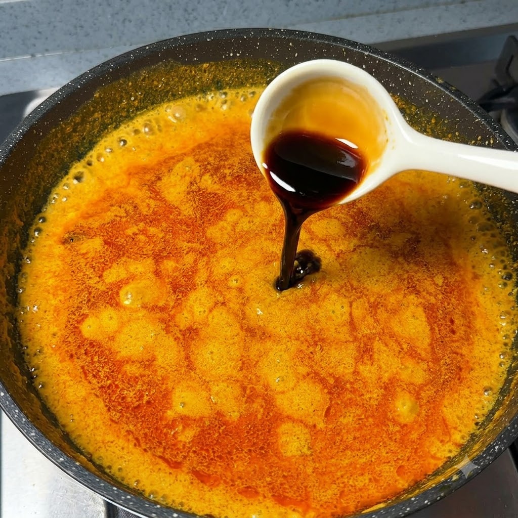 Salsa de soja vertiéndose desde una cuchara blanca a la salsa de curry naranja a fuego lento.