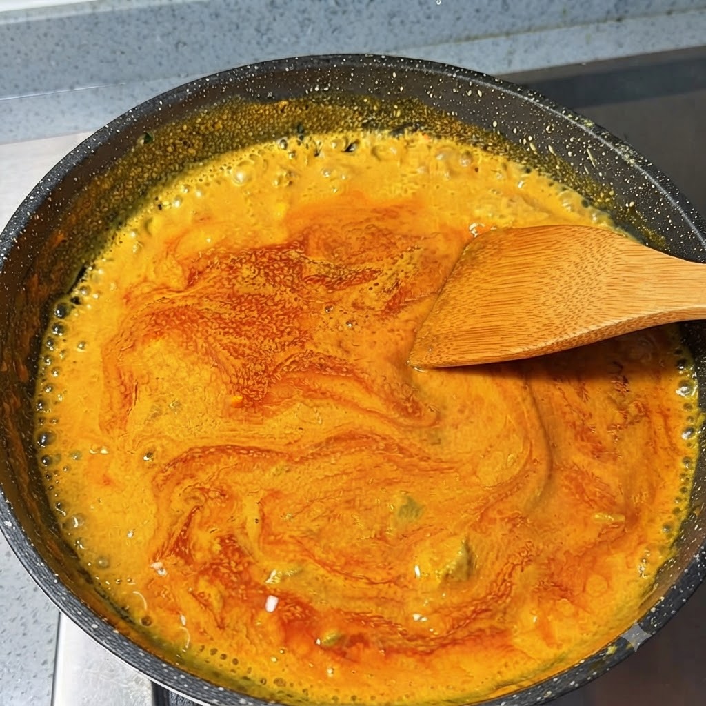 Salsa de curry japonés espesándose y burbujeando en una sartén mientras se remueve con una espátula de madera.
