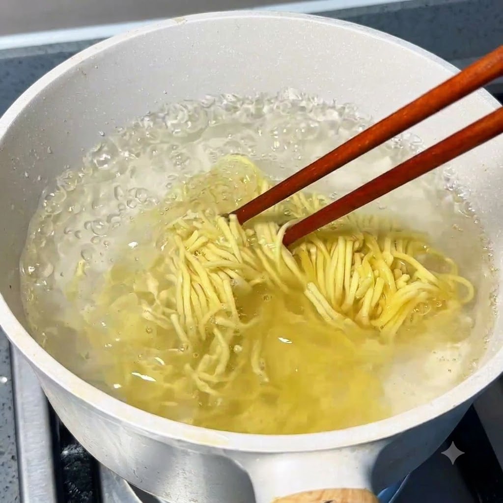 Fideos ramen japoneses cociéndose en una olla con agua hirviendo y palillos de madera separándolos.
