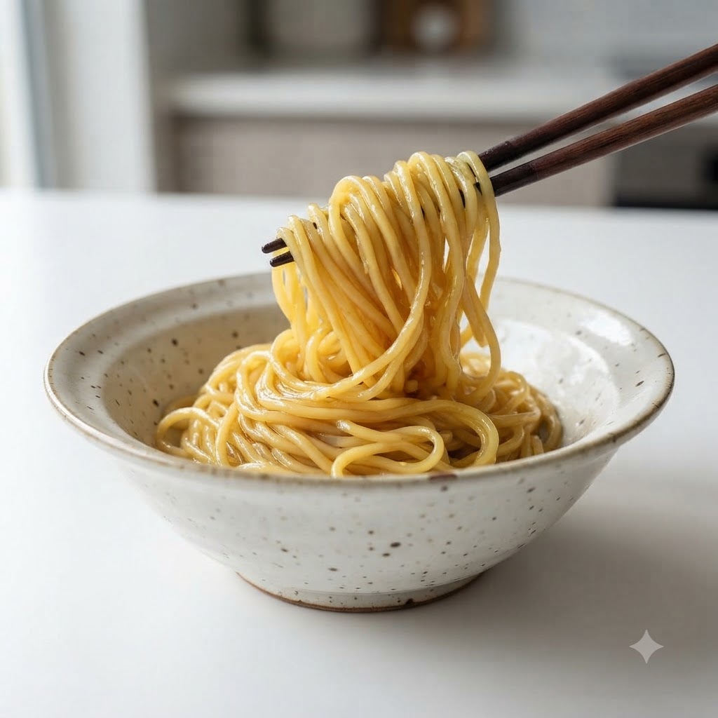 Fideos ramen cocidos levantándose con palillos para colocarlos en un cuenco de servir de cerámica.