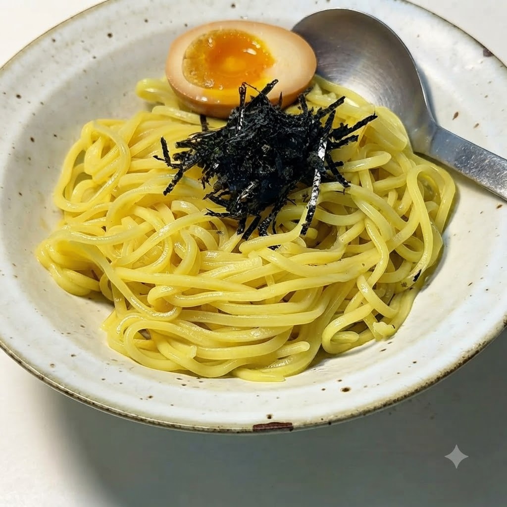 Mitad de un huevo pasado por agua colocándose sobre los fideos ramen decorados.
