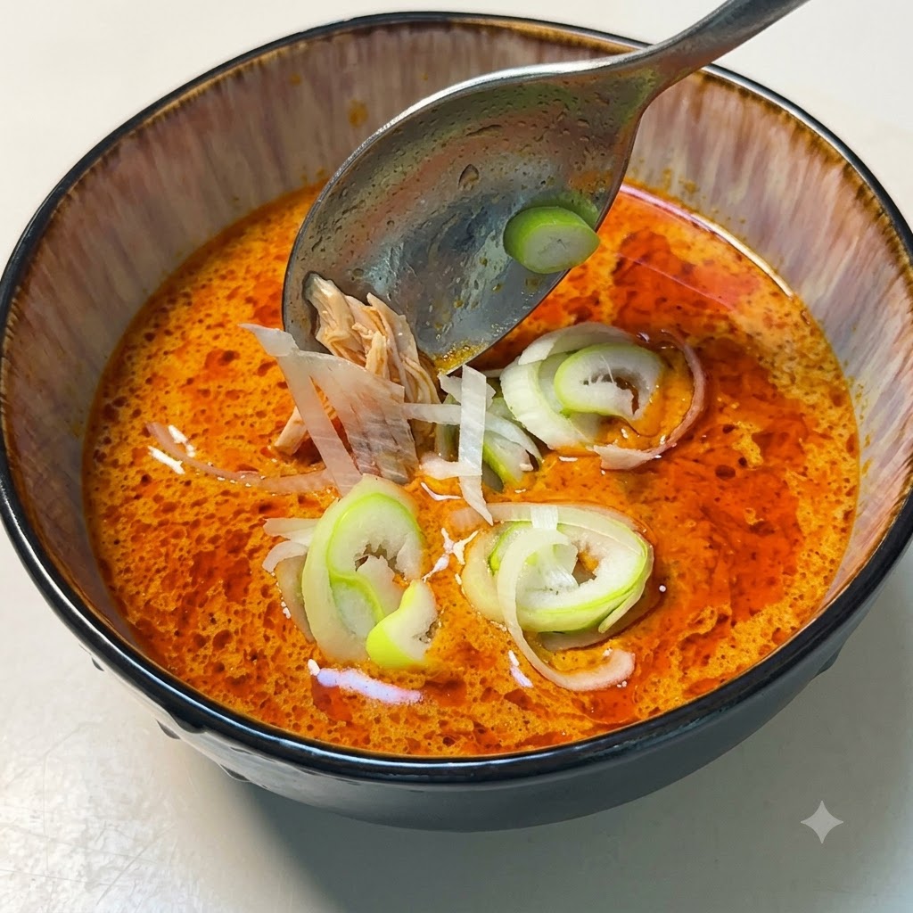 Cebolleta recién cortada cayendo en un cuenco de salsa de curry japonés caliente y especiada.