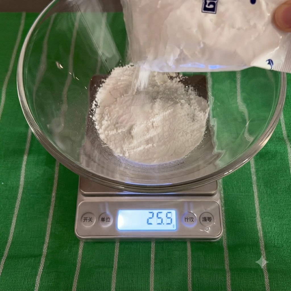 Ingredientes secos siendo vertidos en un bol de vidrio transparente sobre una báscula de cocina digital.