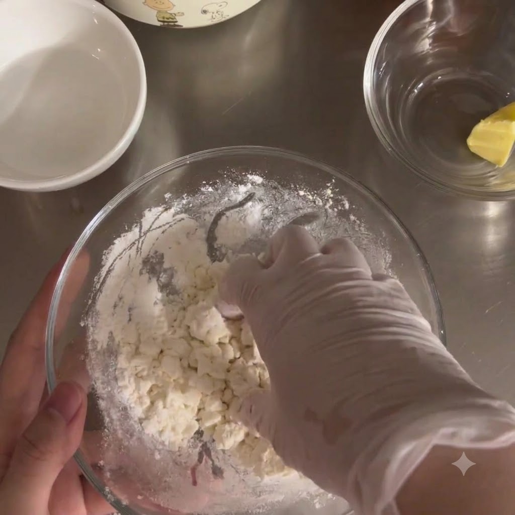 Una mano con guante amasando masa dentro de un bol de vidrio transparente.