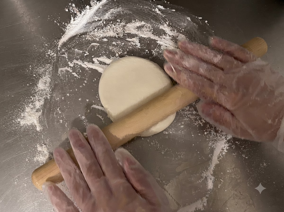 Un rodillo de madera aplanando un trozo redondo de masa sobre una superficie enharinada.