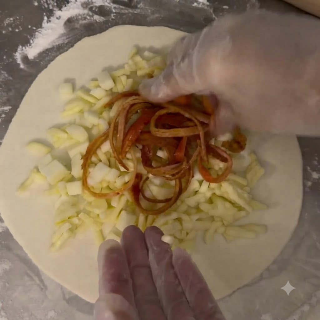 Queso mozzarella en cubitos, fideos picantes y palitos de cangrejo dispuestos sobre un círculo de masa cruda.