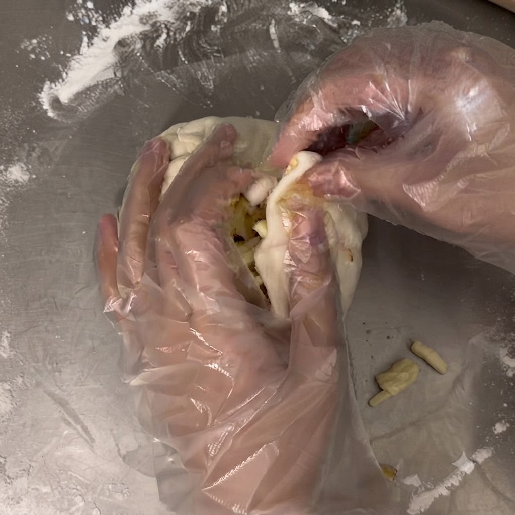 Manos con guantes pellizcando y juntando los bordes de una envoltura de masa sobre un enorme montículo de relleno de queso y fideos.