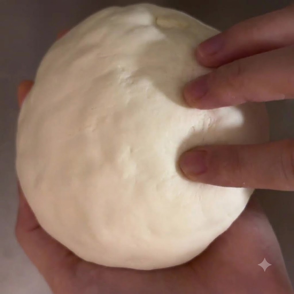 Dedos presionando suavemente y alisando la superficie de una bola de masa grande y redonda, rellena.