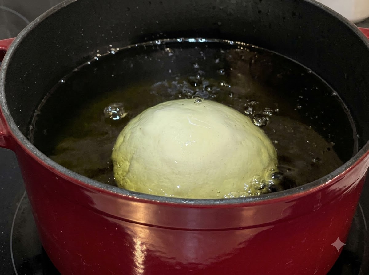 Una gran bola de masa redonda friéndose en una olla roja llena de aceite de cocina caliente y burbujeante.
