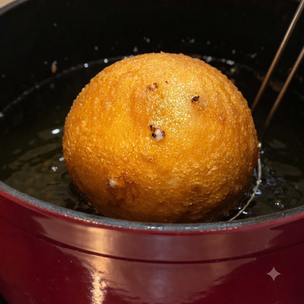 Una bola frita de color marrón dorado siendo levantada del aceite caliente con una espumadera de alambre.