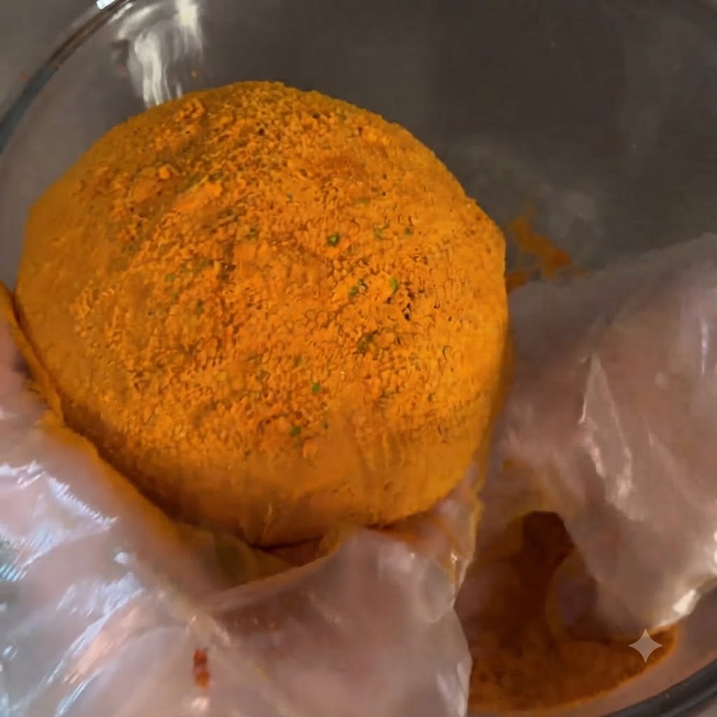 Una bola frita de color marrón dorado cubierta de polvo de queso picante naranja vibrante dentro de un bol de vidrio.