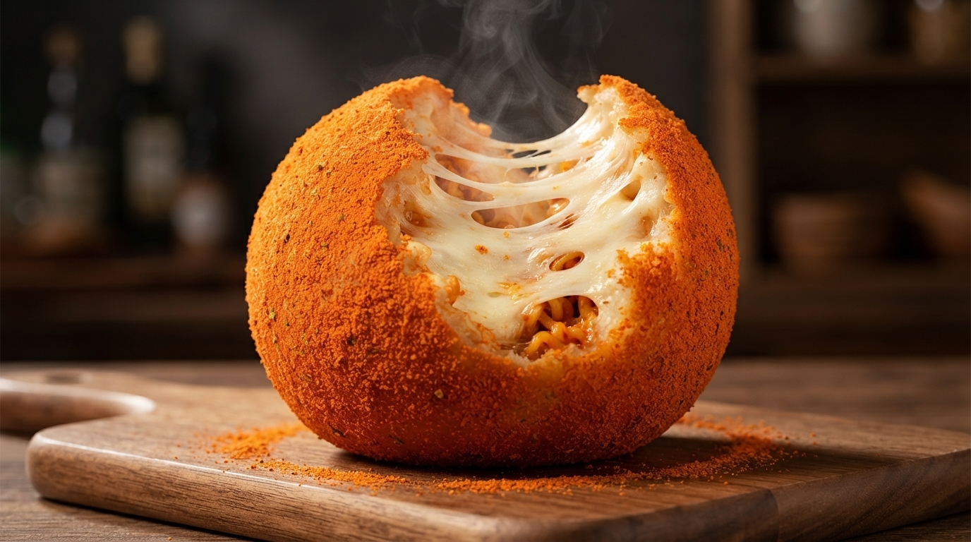 Bola Gigante de Queso con Fideos de Pollo Picante