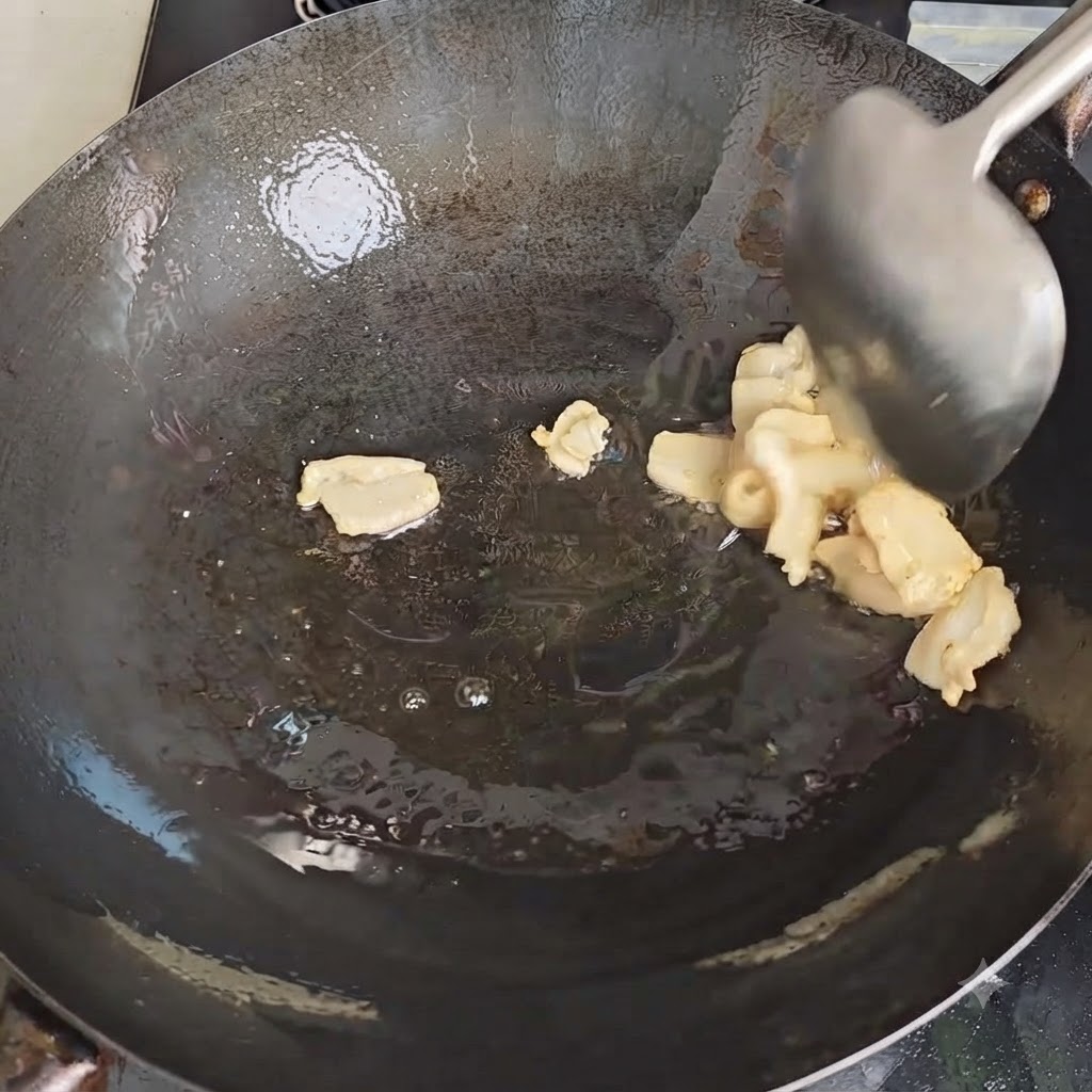 Una espátula de metal revolviendo trozos de grasa de cerdo mientras se funden en un wok caliente.