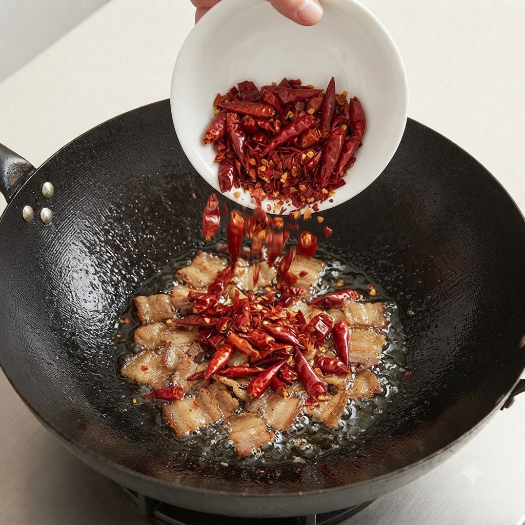 Un tazón blanco virtiendo chiles rojos secos picados en un wok que contiene grasa de cerdo fundida.