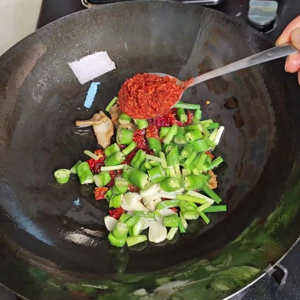 Una cuchara de polvo de chile rojo brillante siendo vertida en un wok sazonado que contiene chiles verdes en rodajas y otros aromáticos.