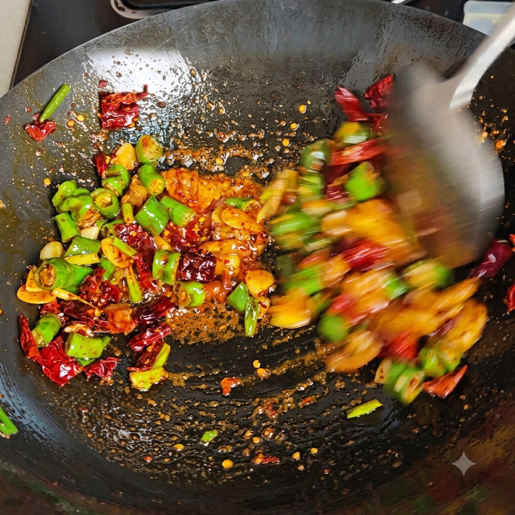 Una espátula de metal de movimiento rápido agitando violentamente chiles verdes y rojos, ajo y grasa de cerdo en un wok caliente.