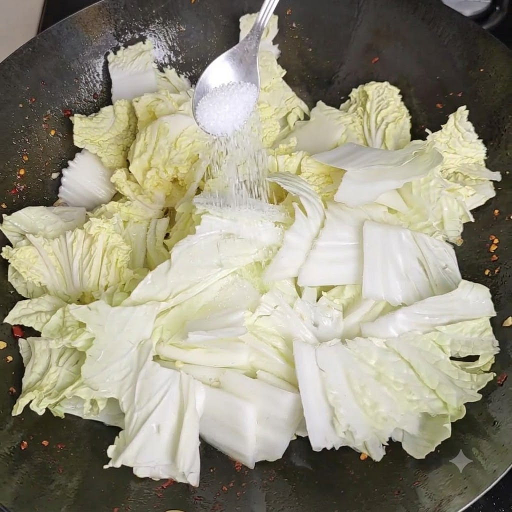 Polvo de caldo de pollo siendo espolvoreado desde una cuchara sobre los ingredientes en el wok.