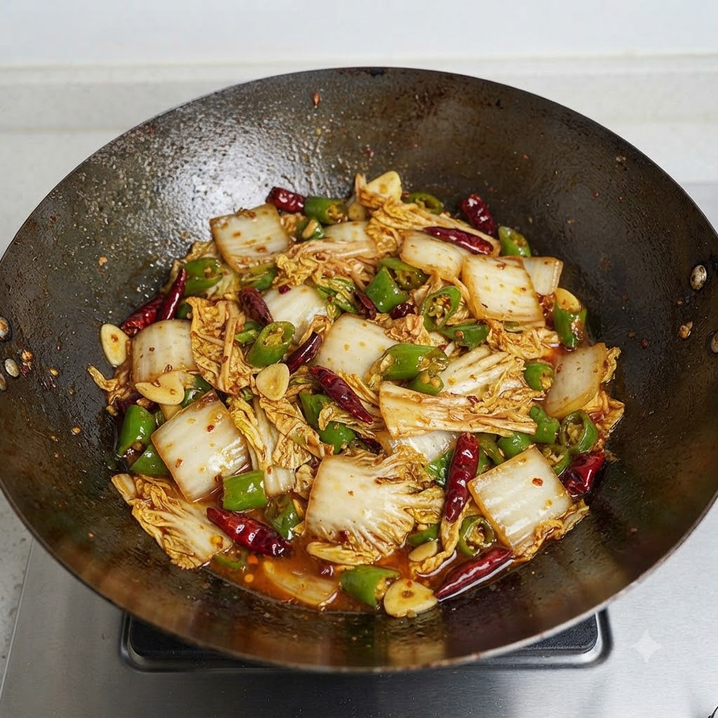 Mezcla de repollo chino picante cocido con jugos visibles y aceite en el wok.