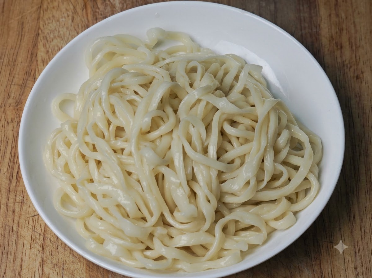 Cobertura de repollo chino picante siendo servida con cuchara sobre un plato de fideos gruesos.