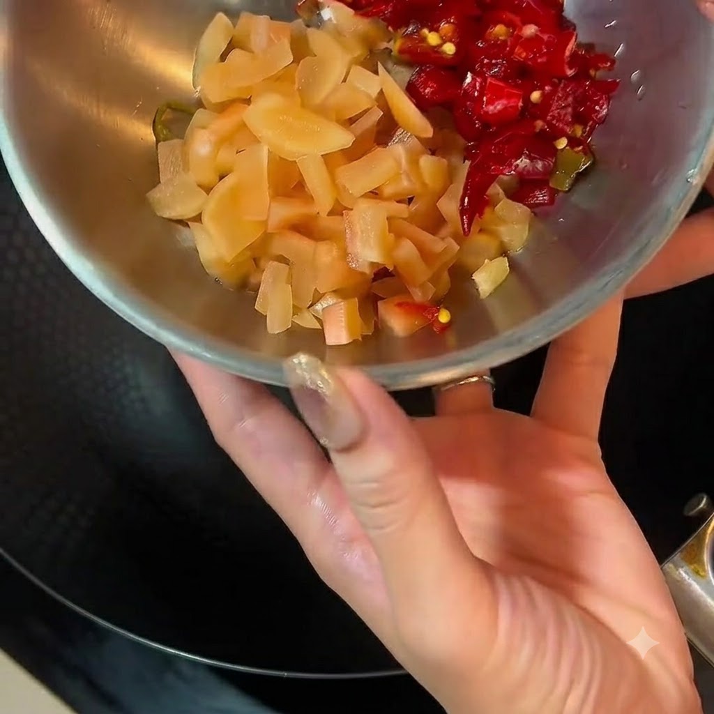 Un bol metálico lleno de rábano encurtido picado y chiles rojos situado encima de un wok.
