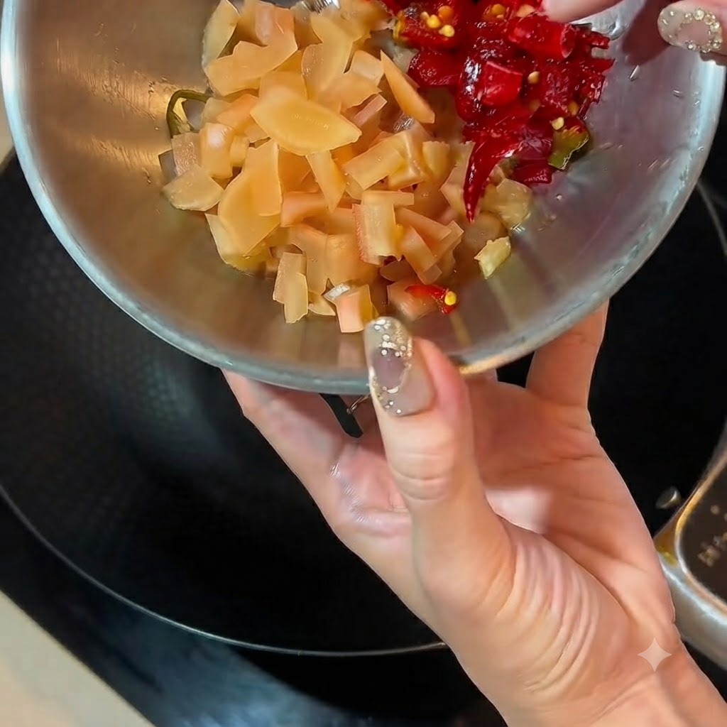 Rábano encurtido y chiles rojos en un wok con un chorro de salsa de ostras cayendo desde una botella.