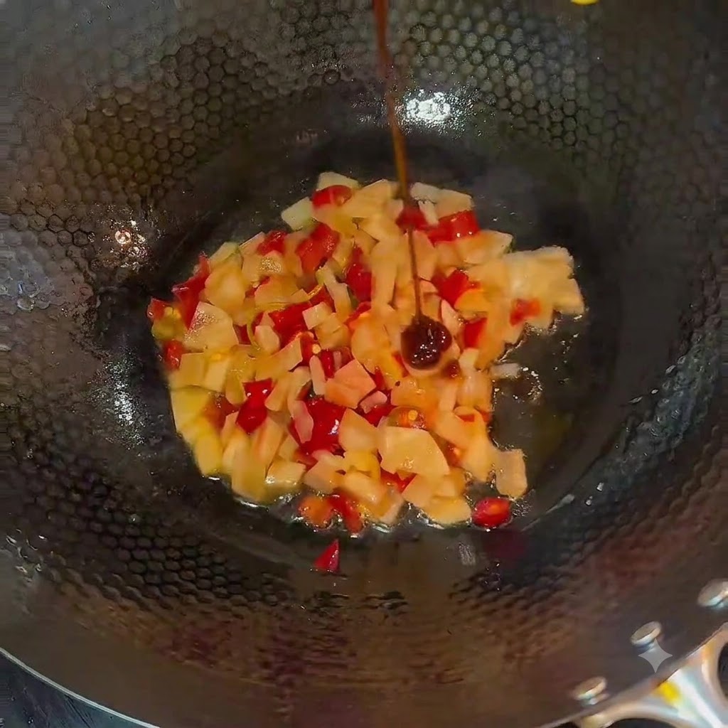 Condimentos siendo vertidos en un wok que contiene encurtidos picados mientras se revuelve bien.