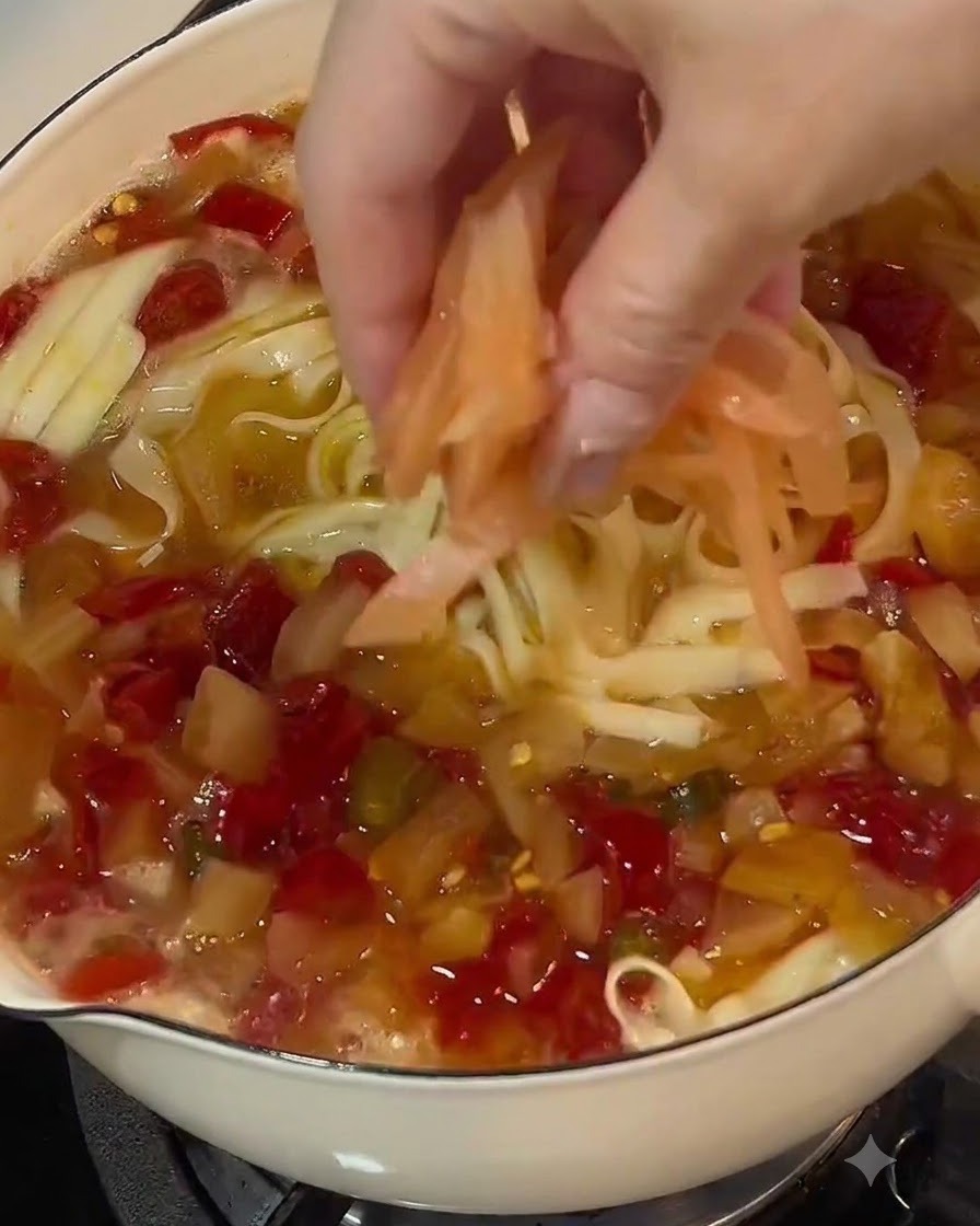 Tiras de rábano encurtido esparciéndose encima de una olla de fideos y caldo.