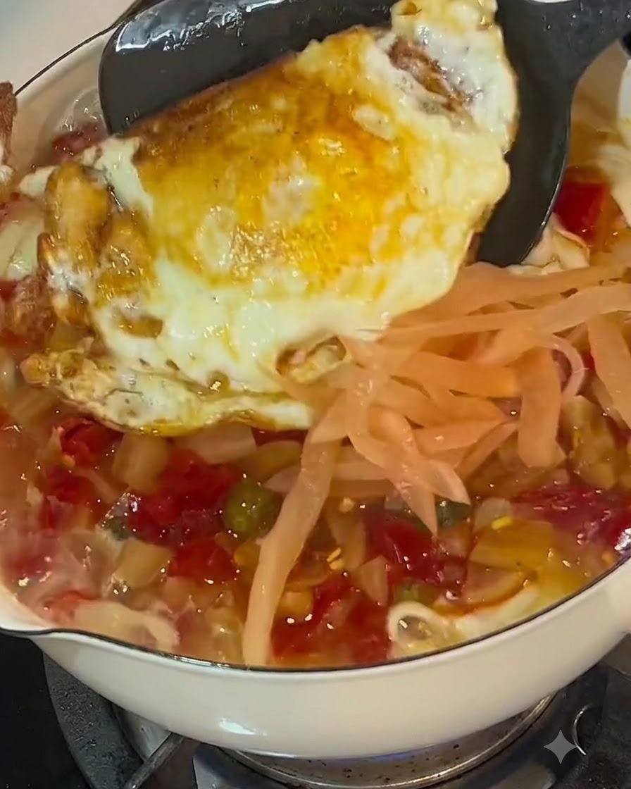 Una espátula colocando un huevo frito dorado en una olla llena de fideos, tomates en dados y tiras de repollo encurtido.