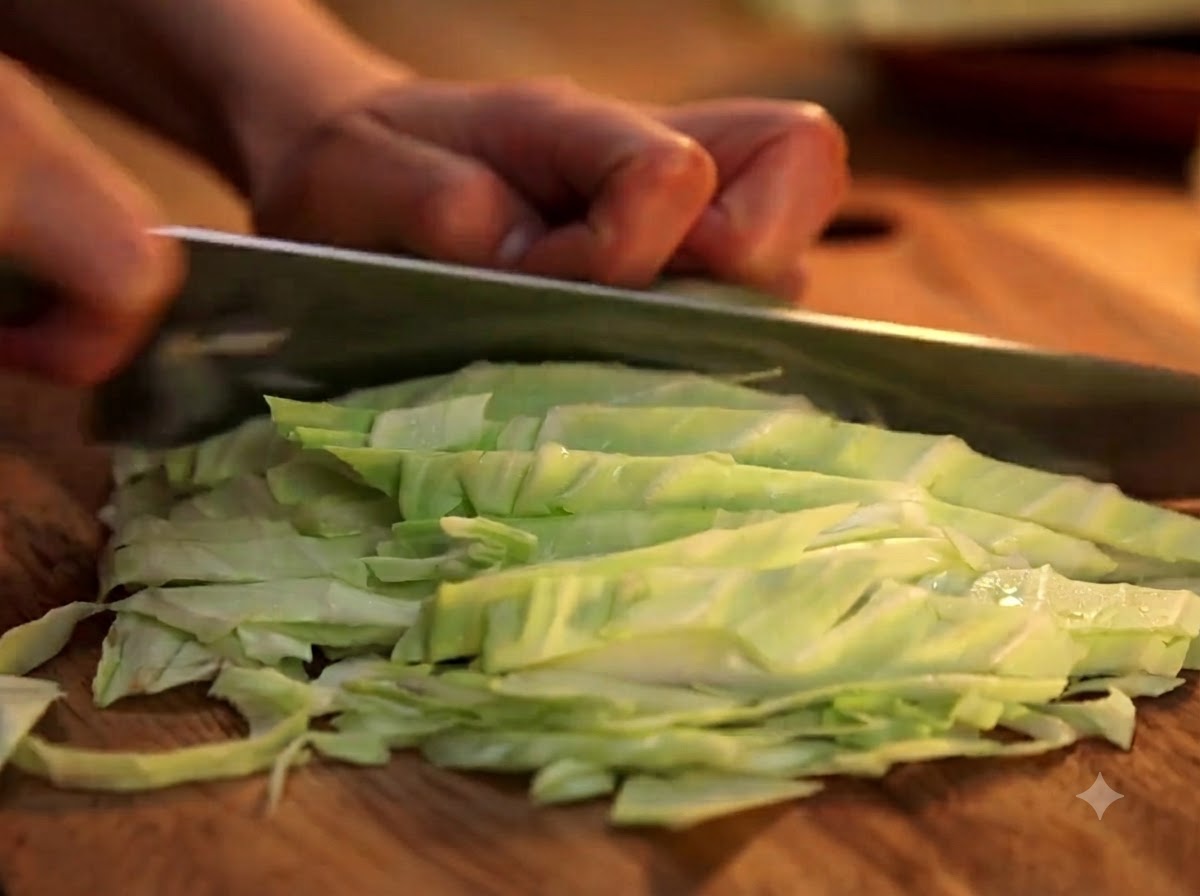 Un cuchillo afilado cortando repollo verde en rodajas finas sobre una tabla de madera.
