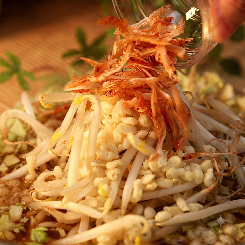 Camarones sakura rosados y jengibre encurtido rojo siendo añadidos sobre un montón de brotes de soja, repollo y trocitos de tempura.