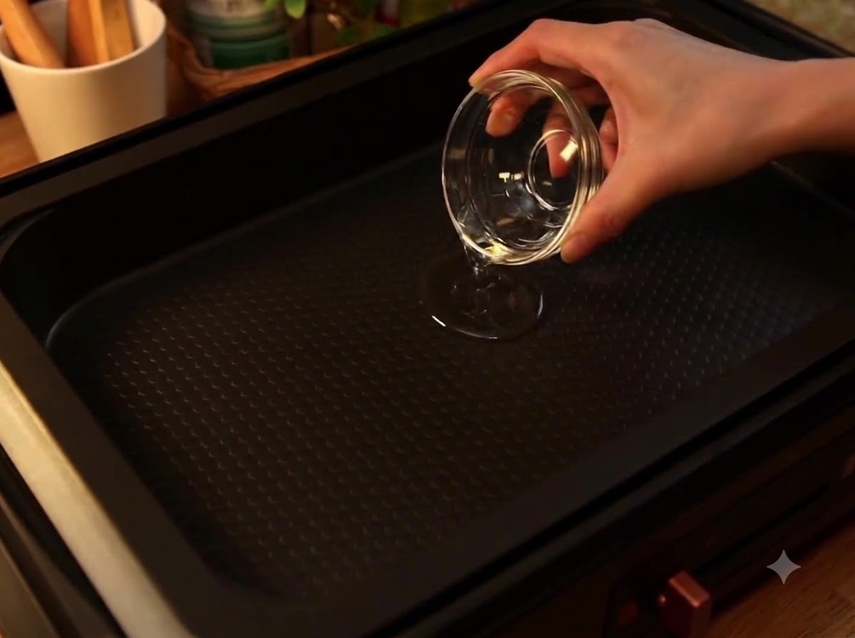 Aceite vegetal siendo vertido desde un pequeño plato de cristal en el centro de una placa caliente rectangular negra.