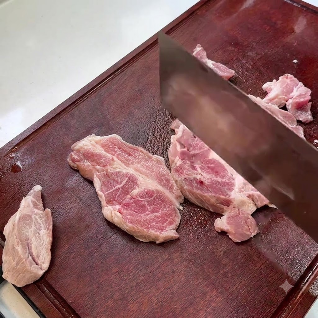Lonchas de paletilla de cerdo siendo golpeadas con el lomo de un cuchillo sobre una tabla de cortar de madera.