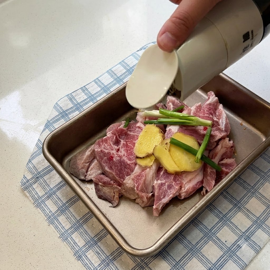Rodajas de cerdo dispuestas en una bandeja con rodajas de jengibre y cebolletas mientras se vierte salsa de soja sobre ellas.