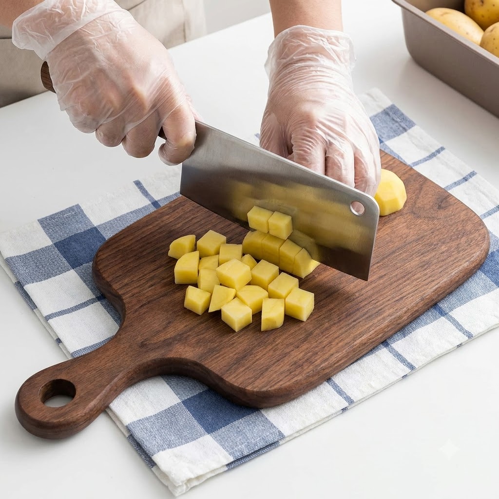 Patatas siendo cortadas en pequeños cubos sobre una tabla de cortar de madera usando un hacha de cocina pesada.