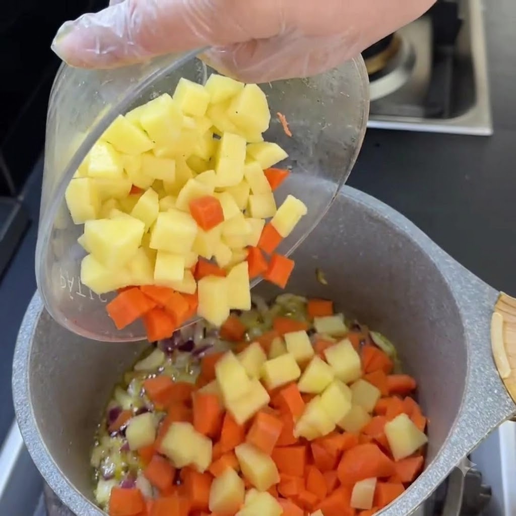 Zanahorias y patatas en dados deslizándose desde un cuenco transparente hacia la olla de cocción.