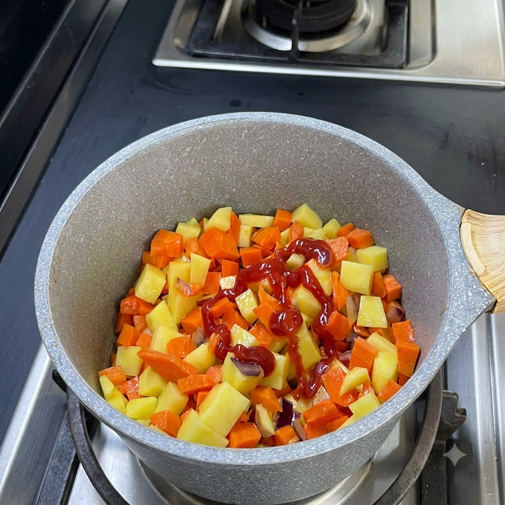 Kétchup siendo exprimido en un patrón de zigzag sobre la mezcla de zanahorias y patatas en dados en la olla.