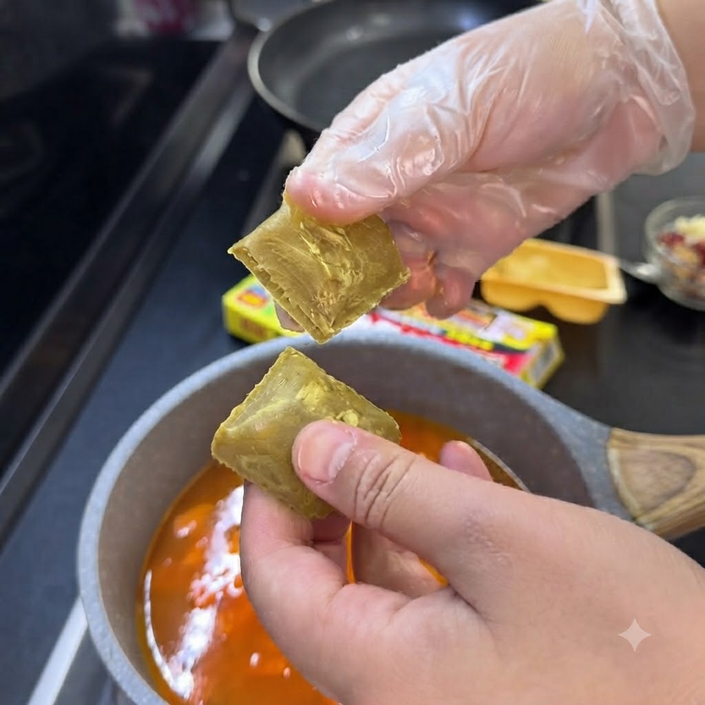 Dos cubitos de curry siendo arrojados a una olla de verduras y caldo a fuego lento.